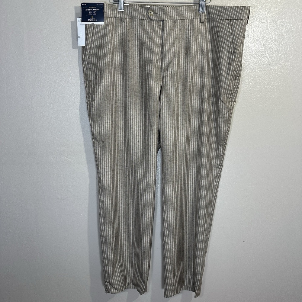 Stafford Men's 40x30‎ Tan Stripe Slim Fit Seasonal Trouser 2" Stretch Waist NEW